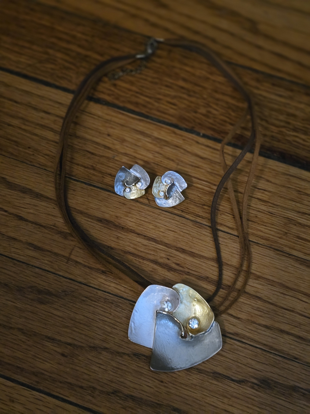 Handcrafted Two-Tone Silver & Gold Pendant Necklace with Matching Earrings